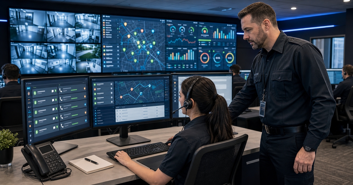 Operations desk with communication records, call details, text messages, and timesheet context on connected screens