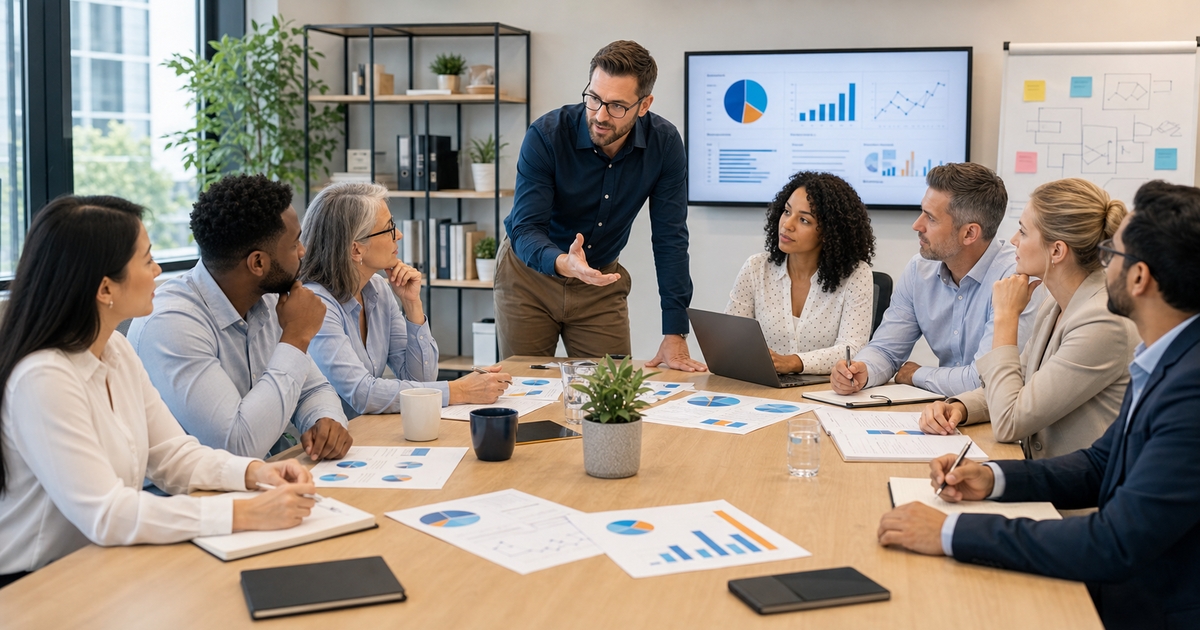 Managers and employees reviewing schedules, goals, and workplace priorities around a conference table