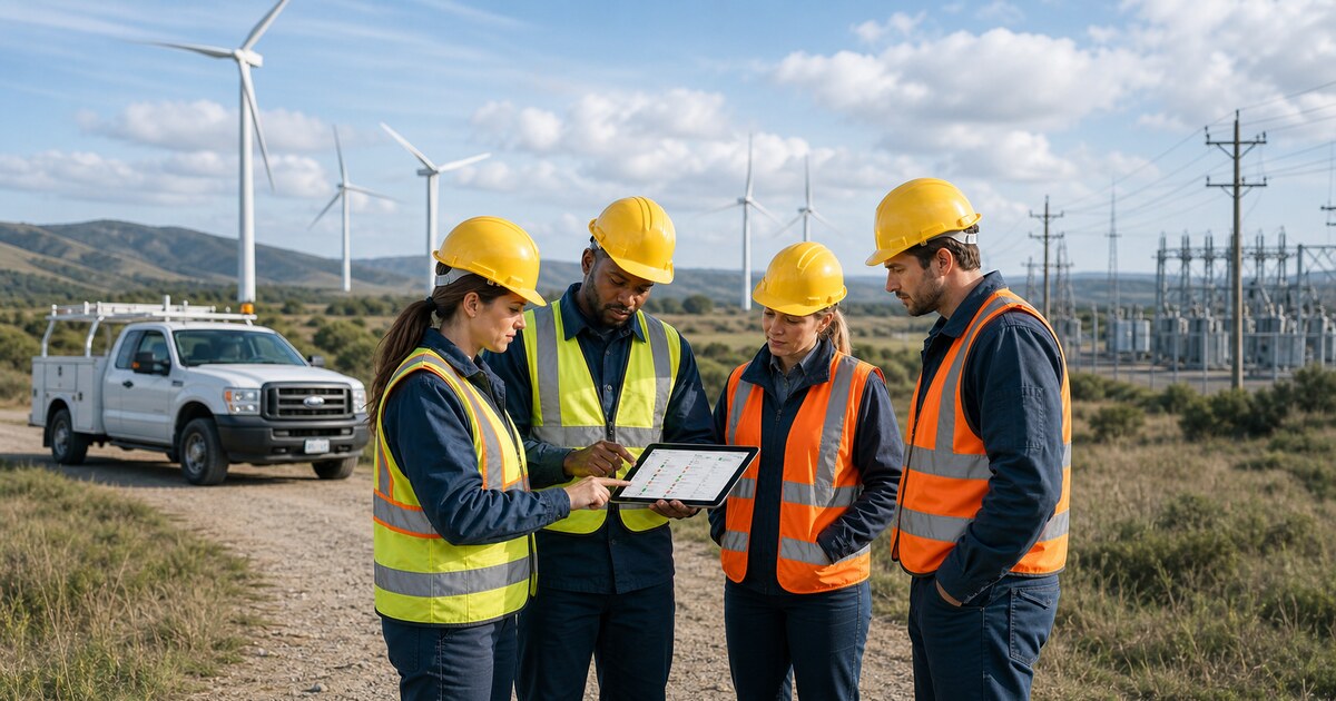 Field workers in safety gear reviewing a tablet schedule at an outdoor job site