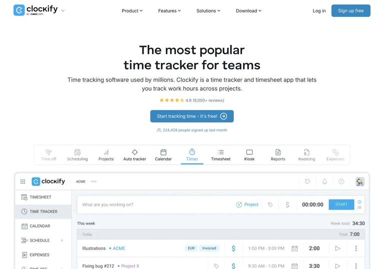 Screenshot of the Clockify homepage for time tracking software comparison