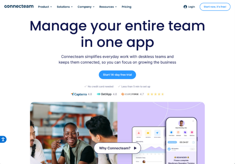 Screenshot of the Connecteam homepage for time tracking software comparison