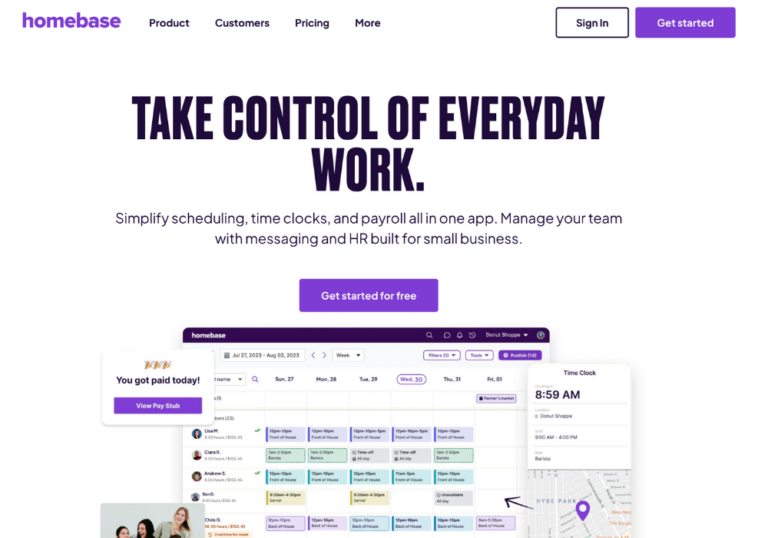Screenshot of the Homebase homepage for time tracking software comparison