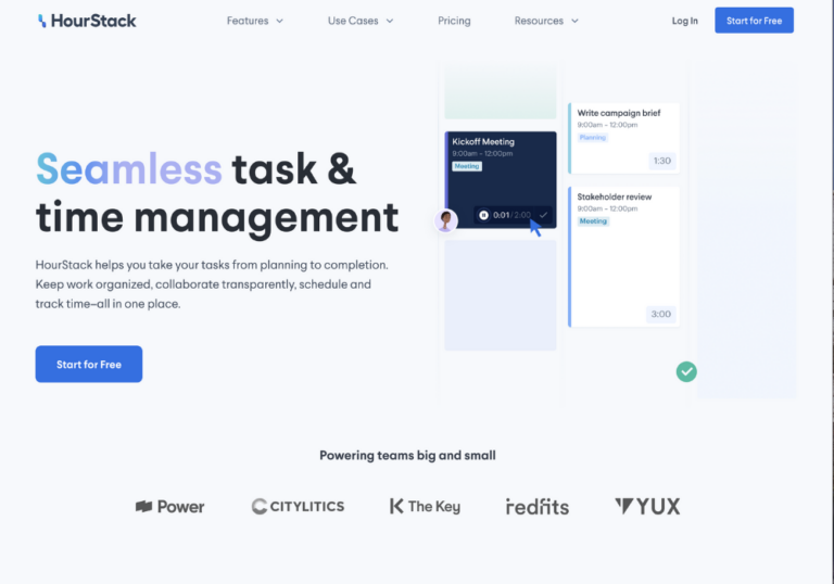 Screenshot of the HourStack homepage for time tracking software comparison