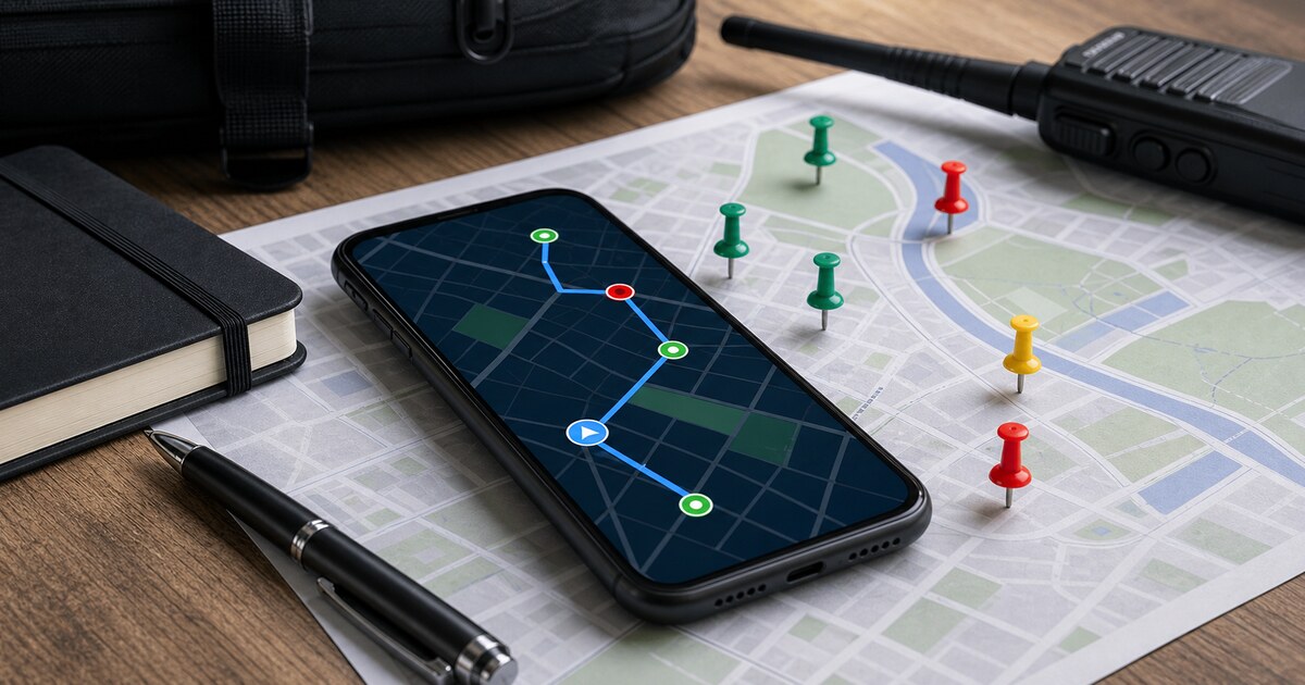 Smartphone showing a patrol route on a map with security checkpoint pins and a radio nearby