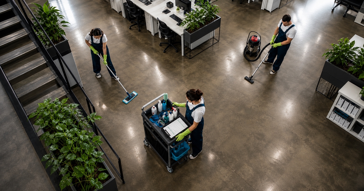 Janitorial team cleaning a modern office while one worker reviews a digital checklist on a supply cart