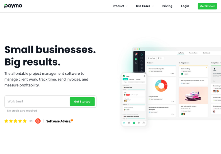 Screenshot of the Paymo homepage for time tracking software comparison