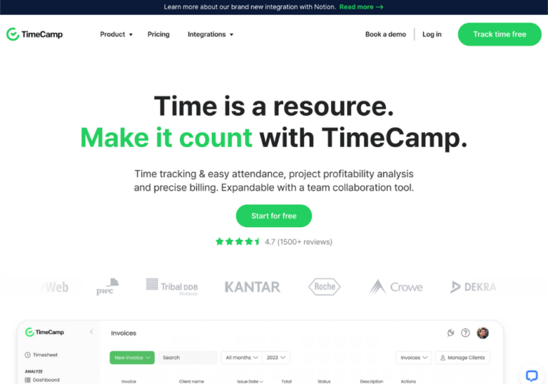 Screenshot of the TimeCamp homepage for time tracking software comparison