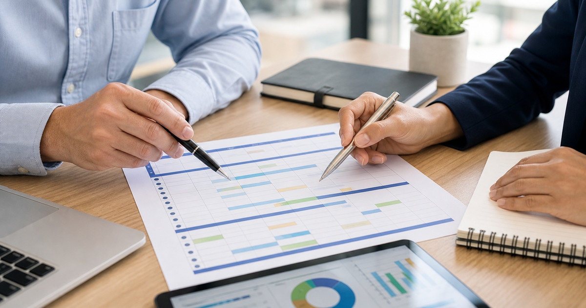 Laptop and mobile devices showing time tracking dashboards, schedules, and employee work records