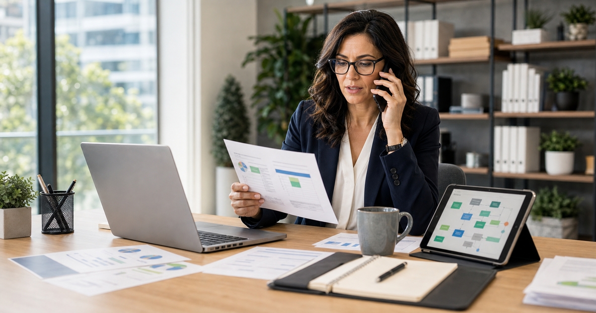 Business team monitoring connected automation workflows and operational metrics on digital displays