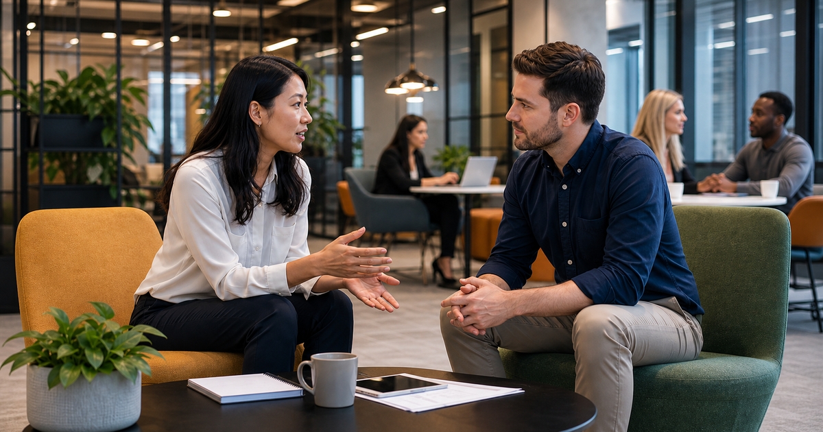 Two professionals having a focused conversation in a modern office lounge