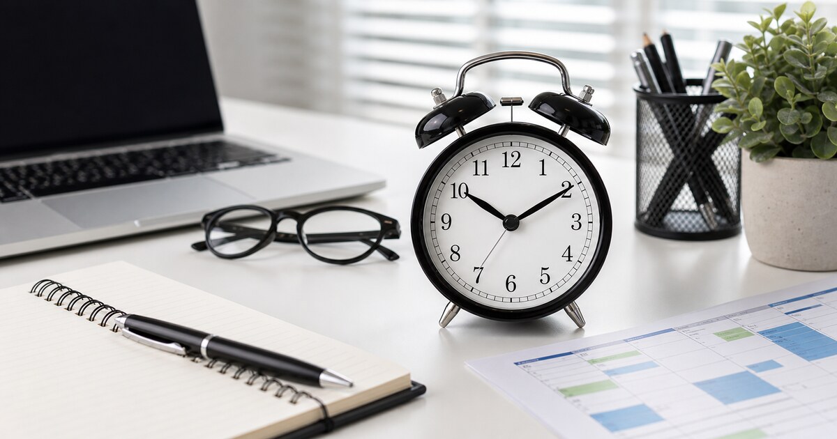 Alarm clock on a bright office desk with a laptop, notebook, glasses, and calendar sheet