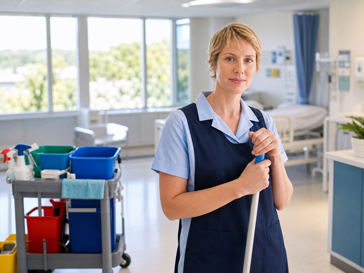 Janitorial worker with cleaning cart in a bright healthcare facility room