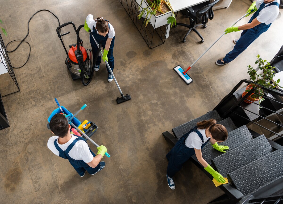 Janitorial crew cleaning floors and stairs in a commercial facility