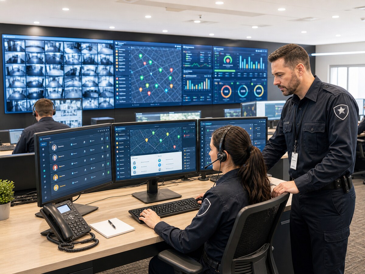 Security operations supervisor and dispatcher monitoring guard coverage from a command center