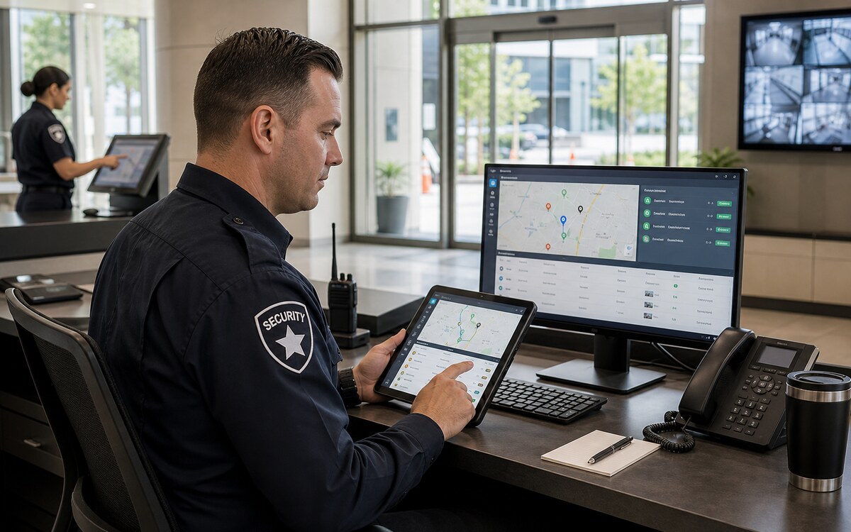 Security supervisor reviewing patrol tracking, checkpoint status, and field reports at a guard desk