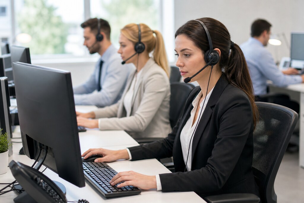 Dispatcher wearing a headset while working with other operators in a bright operations office