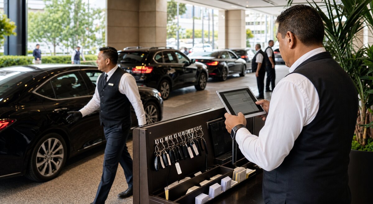 Valet parking supervisor coordinating attendants, vehicle flow, and key management from a dispatch station