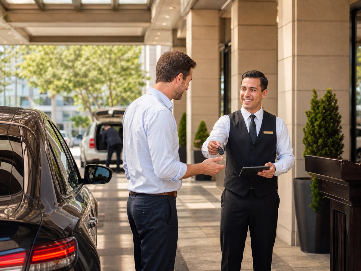 Valet attendant handing car keys to a guest at an upscale hotel entrance