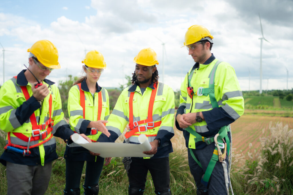 Group of engineers and technicians are discussing